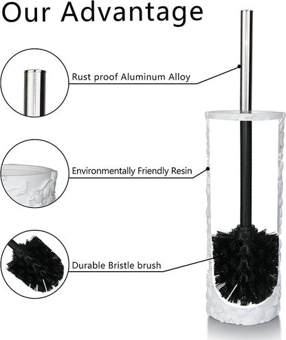 White Floral Design Resin Toilet Bowl Holder and Brush Set, Stylish Bathroom Cleaning Tool with Durable Bristles, Compact and Functional
