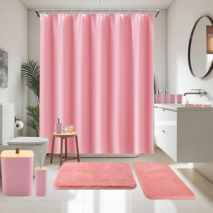 Bathroom Sets with Shower Curtain and Rugs, 27PCS Pink Bathroom Accessories Set with Trash Can, Pink Shower Curtain Set, No Slip Super Absorbent Bathroom Rugs