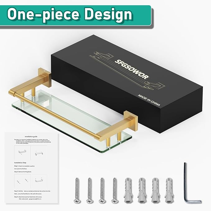 16 Inch Brusheld Gold Bathroom Glass Shelves with Stainless Steel Railing, Tempered Floating Glass Modern Decoration Bathroom Shelf Sink Over Toilet