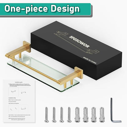 16 Inch Brusheld Gold Bathroom Glass Shelves with Stainless Steel Railing, Tempered Floating Glass Modern Decoration Bathroom Shelf Sink Over Toilet