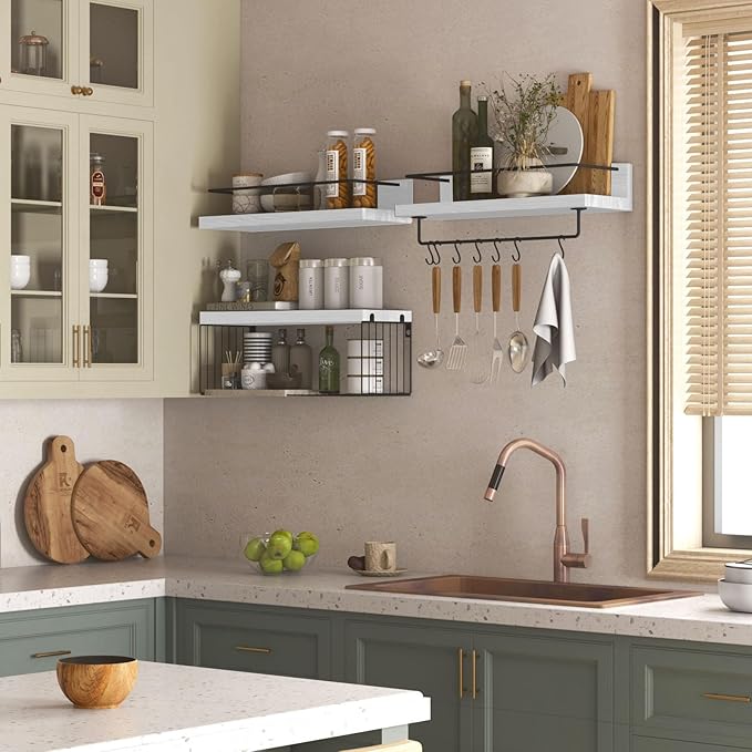 Bathroom Shelves Over Toilet for Wall, Floating Shelves with Storage Basket Paper Holer for Kitchen Living Room, Bedroom & Classroom, Set of 3 (White and Black)