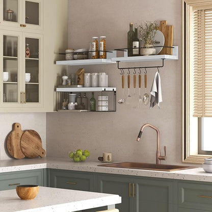 Bathroom Shelves Over Toilet for Wall, Floating Shelves with Storage Basket Paper Holer for Kitchen Living Room, Bedroom & Classroom, Set of 3 (White and Black)