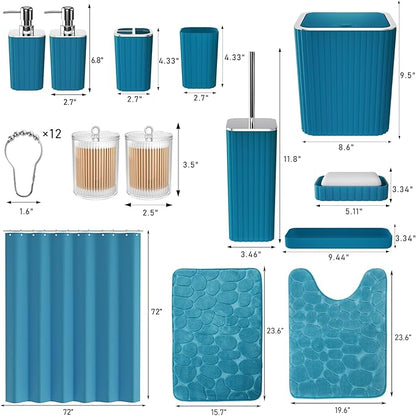 Bathroom Set with Shower Curtain and Rugs- 25PC Teal Bathroom Set, Bathroom Accessories Set, Shower Curtain Set, Trash Can, Qtip Holder Dispenser & Soap Dispenser