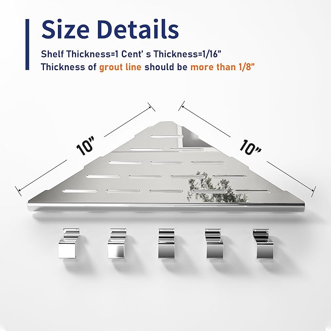 10‘’ Corner Shower Shelf, 304 Stainless Steel Shelves for Bathroom, Grout in Shelf with Hooks for Tiled Wall (Polished)