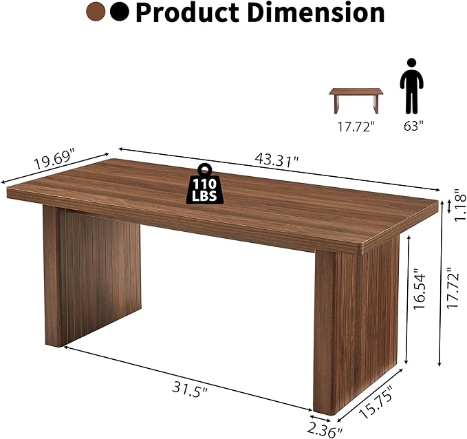 Rectangular Fluted Coffee Table, Farmhouse Wood Coffee Table Mid Century Modern Center Table Boho Living Room Tables for Living Room Office (Walnut, 19.69" D x 43.3" W x 17.72" H)