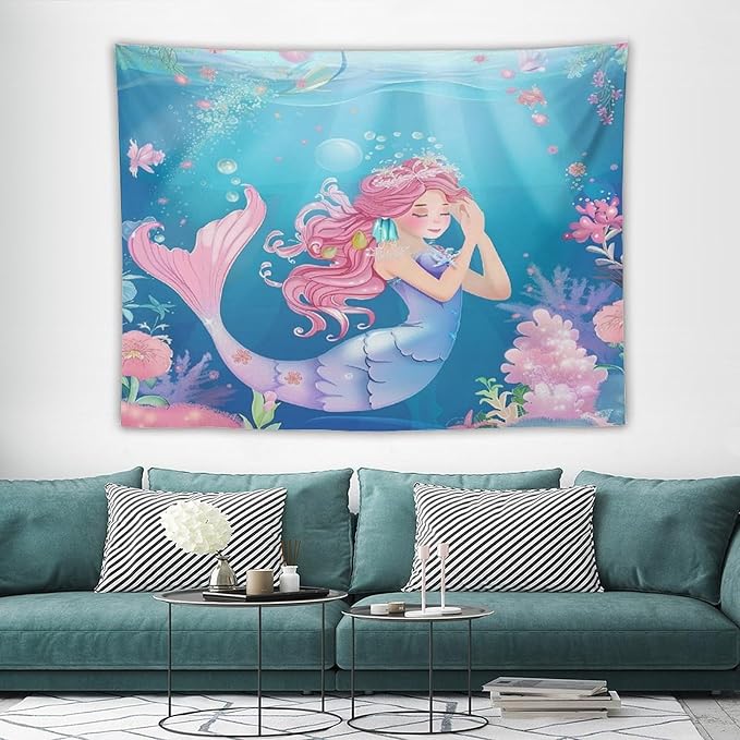 HZOHNAGO Mermaid Girls Tapestry Watercolor Flowers Mermaid Princess Blessing Pattern for Kids Room Decoration Printed Wall Tapestry Wall Hanging for Bedroom Living Room Dorm 80" W x 60" H