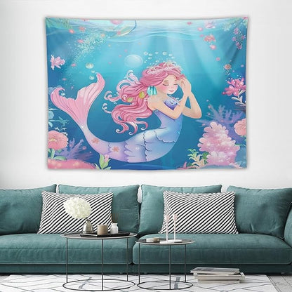 HZOHNAGO Mermaid Girls Tapestry Watercolor Flowers Mermaid Princess Blessing Pattern for Kids Room Decoration Printed Wall Tapestry Wall Hanging for Bedroom Living Room Dorm 80" W x 60" H
