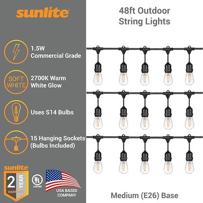 Sunlite 48ft Outdoor String Lights, 1.5W Commercial Grade, Waterproof, Linkable Strands, UL Listed, 15 Hanging Sockets, Shatterproof LED Edison Bulbs Included, 2700K Soft White