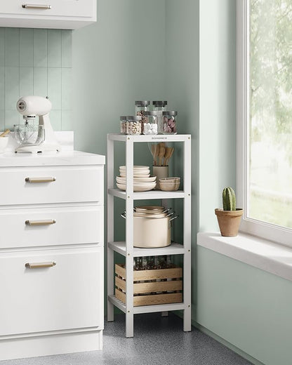 SONGMICS Bamboo Storage Shelf, 4-Tier Shelving Unit, Multifunctional, in The Entryway, Bathroom, Living Room, Balcony, Kitchen, 13 x 13 x 38.6 Inches, Cloud White UBCB054W01