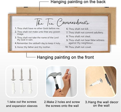 The Ten Commandments Rustic Bible Verse Framed Wall Art, 40''×15'' Positive Religious Christian Saying Sign for God Jesus Christ Prayer, Vintage Horizontal Holy Inspirational Catholic Scripture Decor