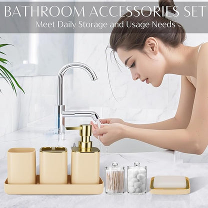 9PCS Bathroom Accessory Set, Beige Bathroom Set with Large-Capacity 4 Gallon Trash Can, Bathroom Accessories Set Complete, Toothbrush Holder, Soap Dispenser, Toilet Brush, Bathroom Decor