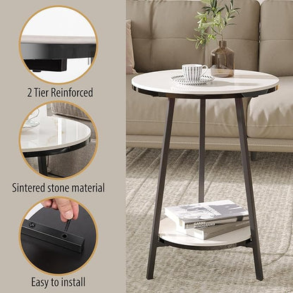 Side Table - Sintered Stone End Couch Table with Metal Frame & Gold Veins for Sofa Living Room Bedroom Bedside Coffee Small Spaces - Waterproof, Scratch-Resistant - Easy Assembly