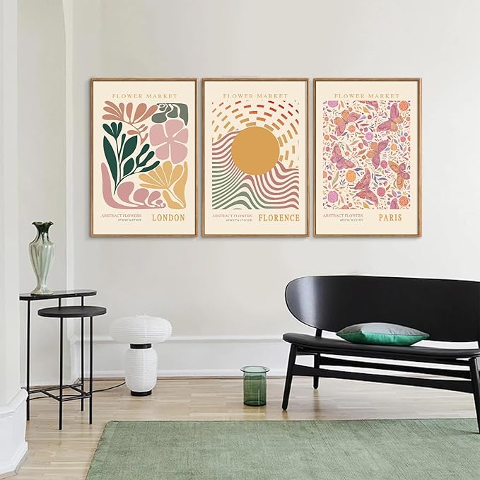 Tinonedraw Boho Flower Market Framed Canvas Wall Art Set, Pink Beige Cute Butterfly Wall Decor, Colorful Abstract Floral Wall Painting, Modern Matisse Art Print for Girls Room Bedroom Office Nursery 16"x24"x3