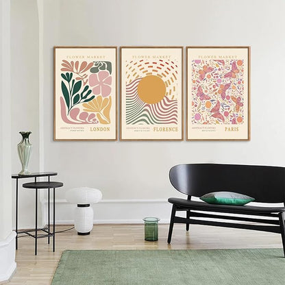 Tinonedraw Boho Flower Market Framed Canvas Wall Art Set, Pink Beige Cute Butterfly Wall Decor, Colorful Abstract Floral Wall Painting, Modern Matisse Art Print for Girls Room Bedroom Office Nursery 16"x24"x3