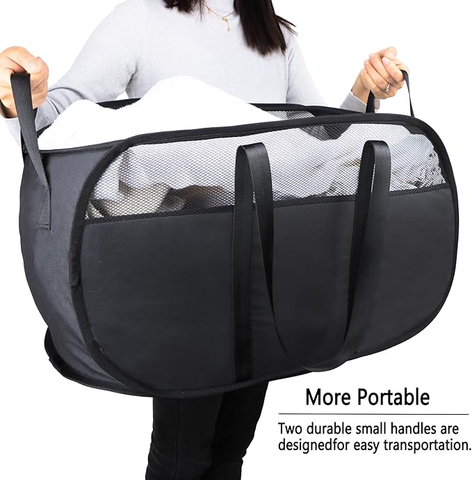 Pop Up Laundry Hamper，with Durable Handles collapsible laundry basket，Easy to Open and Fold for college Dorm,kids room，travel (Black)…