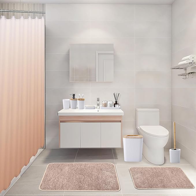 24Pcs White and Gold Bathroom Set with Shower Curtain and Rug, White Bathroom Sets Complete with Trash Can,Soap Dispenser,Soap Dish,Toilet Brush,Toothbrush Holder and Cup,Tray,Q-Tip Holders