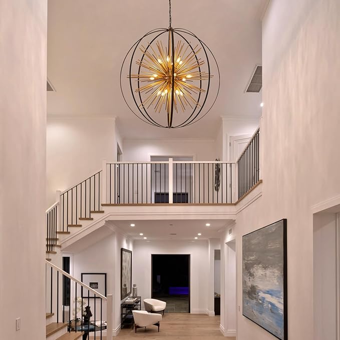 43.3" Black Gold 18-Light Globe Sputnik Chandelier Modern Adjustable Hanging Ceiling Firework Pendant Light Fixture for Entryway Foyer Stairway Kitchen Dining Living Room Hallway