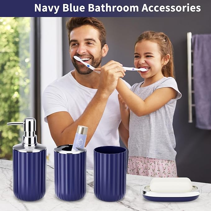 9PCS Nave Blue Bathroom Accessories Set Complete with Trash Can, Vanity Tray, Soap Dispenser, Soap Dish, Toothbrush Holder, Toothbrush Cup, Toilet Brush and Qtip Holders