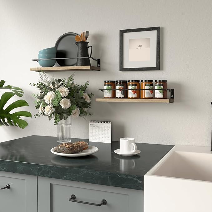 RICHER HOUSE Bathroom Shelves, Guard-Rail Floating Shelves for Wall, Wall Mounted Shelves Set of 2, Cute Bathroom Organizer Decor, Over Toilet Storage Small Shelf for Kitchen - Carbonized Black