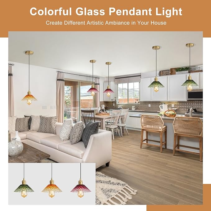 3-Pack Pendant Lights, Modern Glass Ceiling Hanging Light Fixtures,Adjustable Three Color Glass Shades Vintage Gold Chandeliers for Kitchen Island Dining Room Livingroom Entryway Farmhouse Bar
