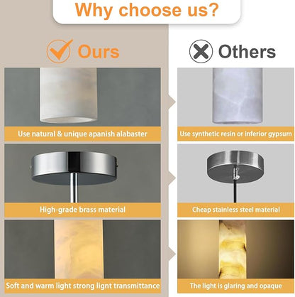 Alabaster Pendant Lights Kitchen Island, Nickel Hand Carved Alabaster Cylinder Pendent, Spanish Natural Marble Light Pendant for Bedroom Bathroom Dining Room Living Room- 3 PC