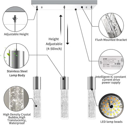 OKELI Smart 3-Light LED Pendant Lighting for Kitchen Island, 18W 1350LM Adjustable 3000K-6000K, Dimmable via TUYA App & Voice Control (Alexa/Google Home), Modern Crystal Bubble Pendant,Chrome Square