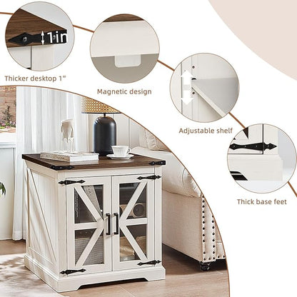 24" End Table with Charging Station, Farmhouse Night Stand with Glass Barn Door, White Nightstands with Adjustable Storage Shelf, Large Wood Square Bed Side Table for Living Room,Bedroom