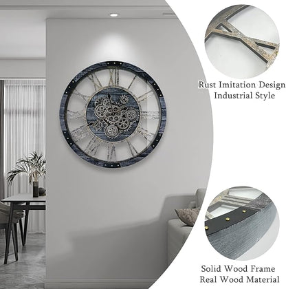36 Inch Moving Gear Wall Clock, Oversized Wall Clocks, Clock Living Room Decor, Solid Wood Frame, Battery Operated, Large Wall Clock with Steampunk Industrial for Fireplace(Gray)