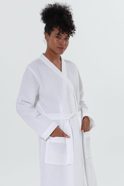 Women’s Luxury Waffle Shawl Collar, Hooded Robe w Piping – Lightweight, Long, Ultra Soft Spa Sleepwear Bathrobe