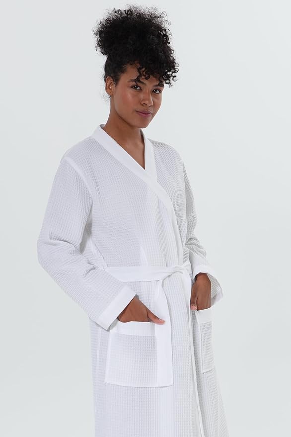 Women’s Luxury Waffle Shawl Collar, Hooded Robe w Piping – Lightweight, Long, Ultra Soft Spa Sleepwear Bathrobe