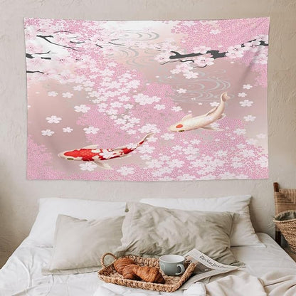 Houselerax Japanese Koi Fish Tapestry, Cherry Blossoms Asian Oriental Pink Flower Branch Koi Fish Carp Tapestries Wall Hanging for Bedroom Living Room Office Decor 60"x40"