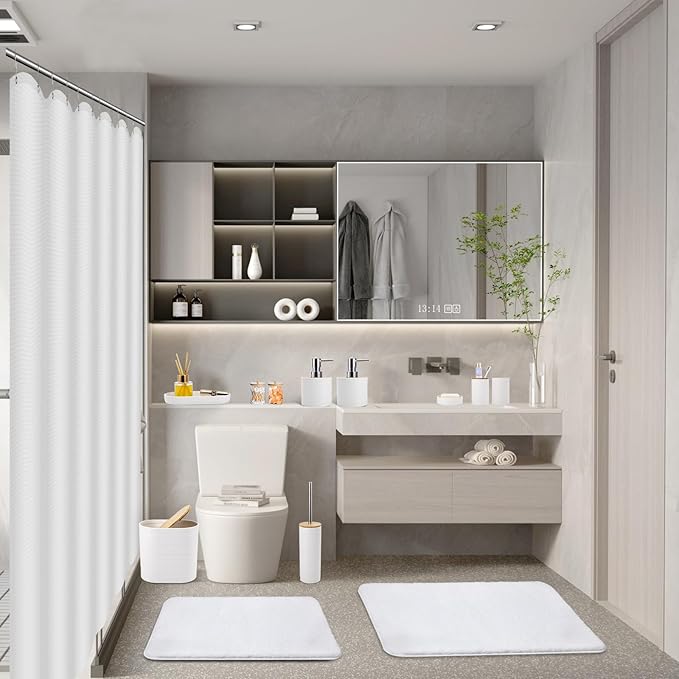 Bathroom Set - White Bathroom Accessories Set, Bathroom Sets with Shower Curtain and Rugs, 25PC Shower Curtain Set with Hooks, Soap Dispenser, Soap Dish, Toilet Brush Holder and Trash Can