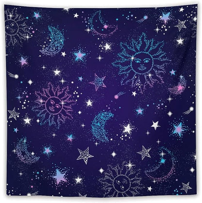 HZOHNAGO Boho Sun Moon Tapestry Purple Blue Sun Stars Galaxy Pattern Printed Wall Tapestry Wall Hanging for Bedroom Living Room Dorm 60" W x 60" H