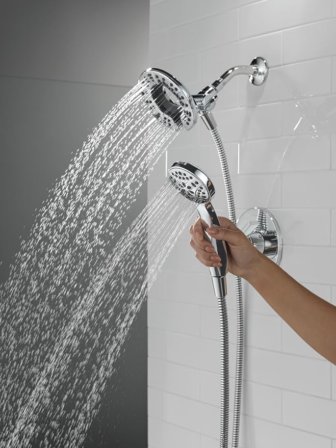 Delta Faucet Albion 14 Series Single-Handle Shower Faucet, Chrome Shower Trim Kit with 4-Setting In2ition 2-in-1 Dual Hand Held Shower Head with Hose, Chrome T142855-I (Valve Not Included)