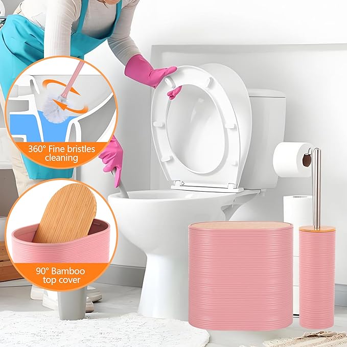 Bathroom Accessory Set,10 PCS Pink Bathroom Accessories Set with Trash Can, Toothbrush Holder, Soap Dispenser, Toothbrush Cup, Vanity Tray, Soap Dish, Toilet Brush, Qtip Holders