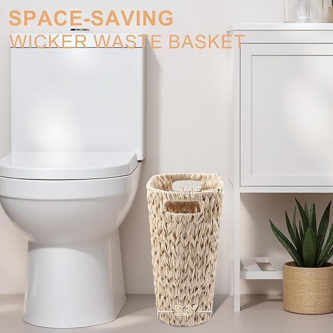 Bathroom Accessory Set with Wicker Trash Can, Beige Bathroom Accessories Set White Bathroom Sets Small Waste Basket Bathroom Trash Can for Bedroom Bathroom