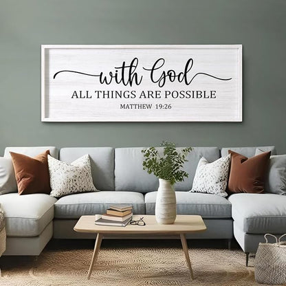 With God All Things are Possible Framed Wall Art, 40''×15'' White Holy Religious Rustic Bible Verse for Christian God Jesus Christ Prayer, Positive Horizontal Inspirational Catholic Scripture Decor