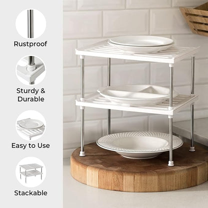 carrotez Kitchen Cabinet Organizer, Cabinet Shelves and Storage, Pantry Storage Shelf Organizer, Kitchen Counter Shelf, Cupboard, Under Sink, Stackable, Expandable, Set of 2, White