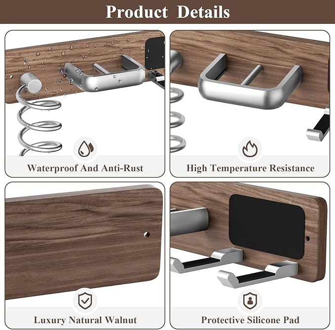 Tindbea Hair Dryer Holder Curling Iron Holder Flat Iron, Blow Dryer Holder Wall Mount, 3 in 1 Bathroom Hair Tool Organizer Rack for Universal Dryer, Walnut Wood Silver Color Metal