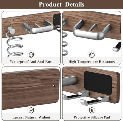 Tindbea Hair Dryer Holder Curling Iron Holder Flat Iron, Blow Dryer Holder Wall Mount, 3 in 1 Bathroom Hair Tool Organizer Rack for Universal Dryer, Walnut Wood Silver Color Metal