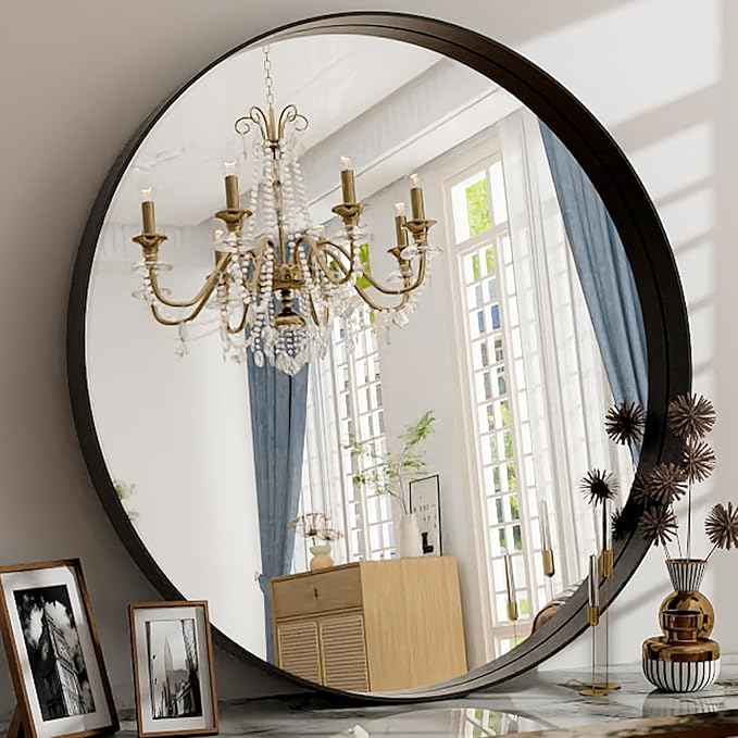 24 Inch Round Bathroom Mirror - Wall Mounted Circle Mirror with Metal Frame, Modern Mirror Suitable for Bathroom, Vanity, Entryway, Living Room, Wall Decor,Black