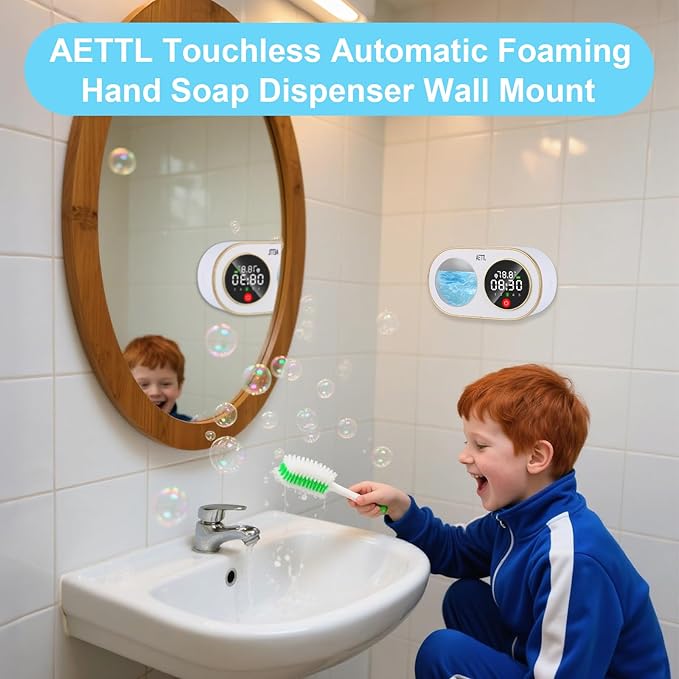 Touchless Automatic Foaming Hand Soap Dispenser Wall Mount,Kitchen Bathroom,Modern Smart Home,USB Type-C Rechargeable,Long Battery Life,Time and Temperature Display,5-Level Adjustable,10.8 oz