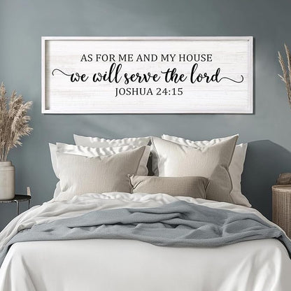As For Me And My House We Will Serve The Lord Framed Wall Art, 40''×15'' Positive Religious Rustic Bible Verse for Christian God Jesus Christ Prayer, Vintage Horizontal Holy Catholic Scripture Decor