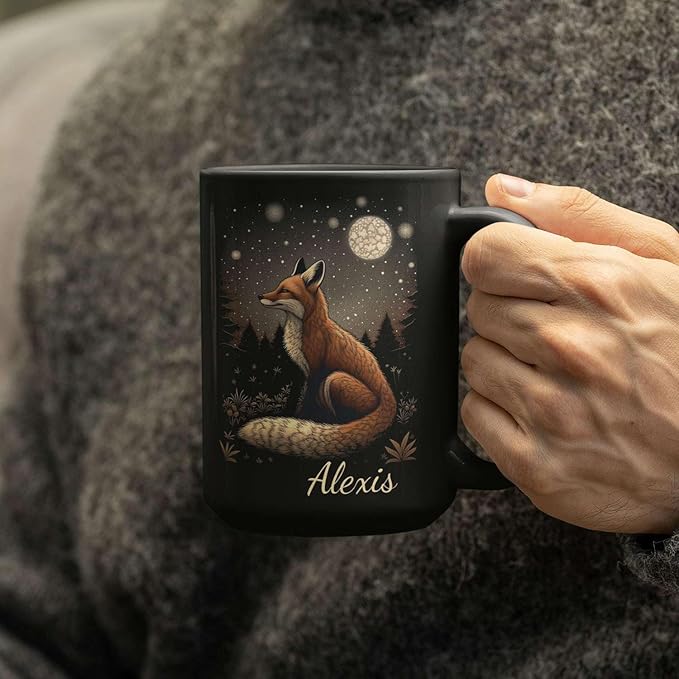 Animal Lover Mug with Custom Name, Nature Inspired Coffee Mug 11oz or 15oz, Personalized Cute Fox Ceramic Cup, Unique Animal Art Black Coffee Cup, Gifts for Friends, Family