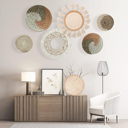 LOCS MICRAI Boho Wall Basket Decor Set of 3 - Flat Woven Basket Wall Hanging Decor,Round Tassels White Macrame Tapestry Wall Decor Art,Handmade Rattan Wicker Seagrass Home Wall Baskets Decor