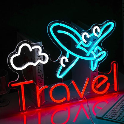 Travel Neon Sign USB Airplane LED Light Up Sign for Wall Decor Dimmable 12.2 * 16.5 In Go To Tranel Neon Light for Airport Travel Agency Bedroom(Ice Blue Red White)