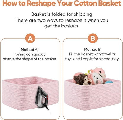 OIAHOMY 4 Pack 14.17*11.02*6.3IN Storage Baskets for Organizing Shelves, Woven Rope Baskets for Organizing Books, Clothes, Decorative Basket for Living Room, Nursery, Bedroom, Gift Basket, Pink