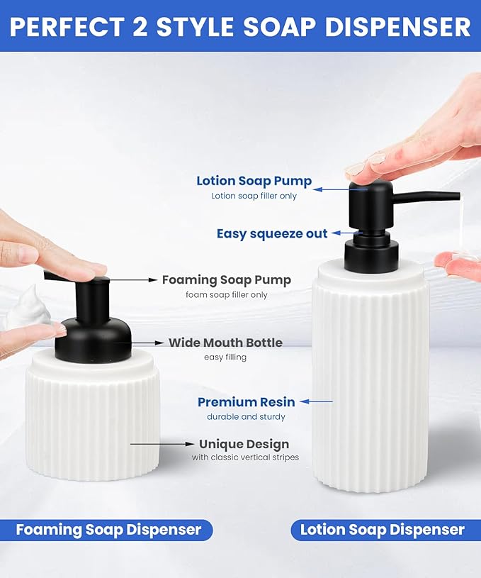 White Bathroom Accessory Set - 6 Pcs: Toothbrush Holder, Lotion & Foaming Soap Dispensers, Qtip Holder, Vanity Tray, Bathroom Tumbler, Countertop Organizer