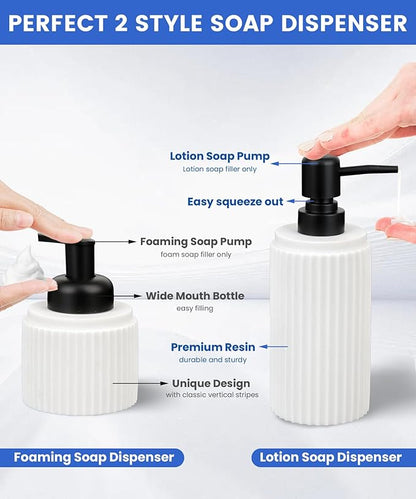 White Bathroom Accessory Set - 6 Pcs: Toothbrush Holder, Lotion & Foaming Soap Dispensers, Qtip Holder, Vanity Tray, Bathroom Tumbler, Countertop Organizer