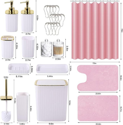 Bathroom Accessories Set- 25PC White Bathroom Set, Bathroom Set with Shower Curtain and Rugs, Pink Shower Curtain Set, Soap Dish & Trash Can
